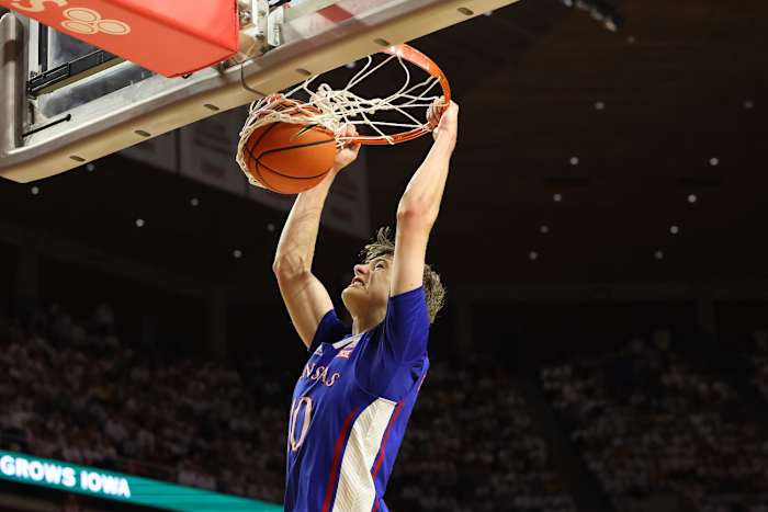 Kansas Jayhawks guard Johnny Furphy dunks against the Iowa State Cyclones at James H. Hilton Coliseum in Ames, Iowa, on Feb. 4, 2023.
